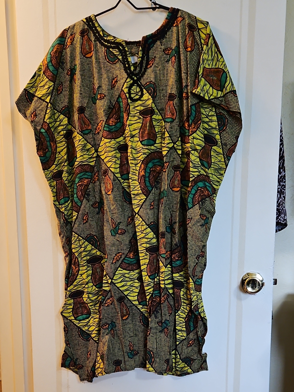 Green & Yellow HANDCRAFTED Tribal Patterned Kaftan Dress, Size Medium to Large